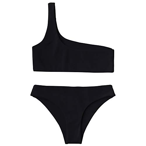 ZAFUL Mujer Un Hombro Bikini Set monocromo de dos piezas Bañador Negro M