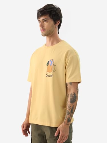 Image of The Souled Store Chillin' Men and Boys Short Sleeve Round Neck Yellow Graphic Printed Cotton Oversized T-Shirts