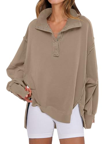 ANRABESS Women's Sweatshirts Oversized Casual Loose Button Up Henley Pullover Top High Low Split 2025 Fall Fashion Outfits Khaki Medium