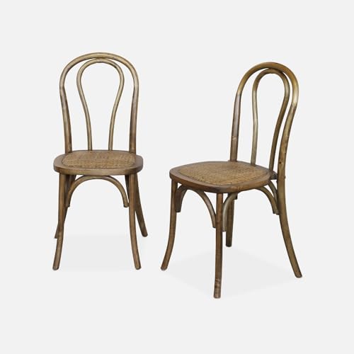 sweeek - Lot de Deux chaises Vintage en Bois avec Assise en rotin et Dossier Arrondi Coloris Marron Vieilli