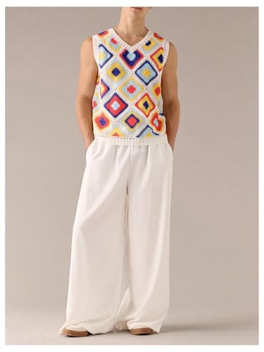 Men's Striped Crochet Sweater Vest Hollow Out V Neck Sleeveless Knit Top Summer Vintage Beach Vacation Tops3