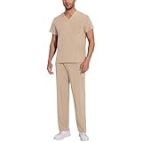 Scrubs for Men Set 2025 Spring Summer Uniform Stretchy V-Neck Scrub Top & Cargo Pant with Multi Pockets(Beige,XX-Large)
