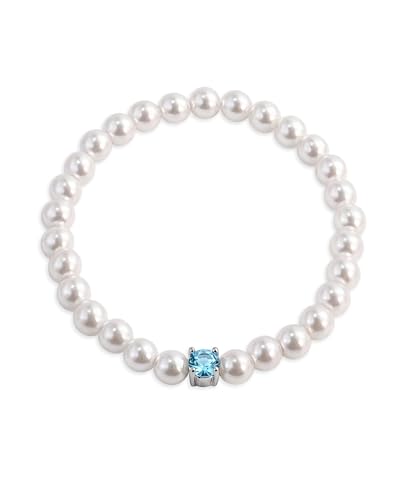 Irideket Pearl Bracelet with Blue Zirconia Inlay, Elastic Stretch Bangle for Women - Dainty Pearl & Blue Zirconia Bracelet, Stretchy Pearl Bracelet for Party, Wedding, Daily Wear,Fashion Jewelry Gift for Her​