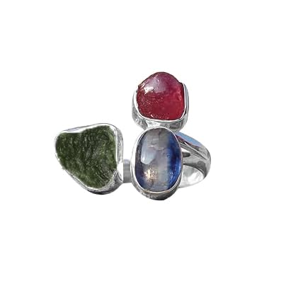 Natural Moldavite, Ruby & Kyanite Ring, 925 Sterling Silver Plated Three Gemstone Ring, Handmade Women's Anniversary Ring - Main Image