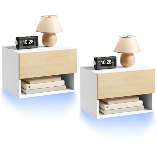 HOOBRO Mesita de Noche Flotante con Tira LED RGB, Juego de 2, Mesa Auxiliar de Pared con 1 Cajón y 1 Compartimento, Mesa de Sofá, para Dormitorio, Sala de Estar, Blanco y Natural EWN202DBZP201