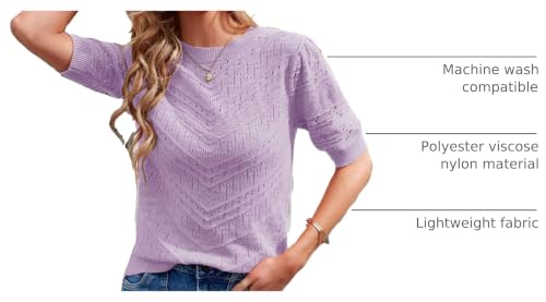 Image of Womens Puff Short Sleeve Sweater Summer Crew Neck Ribbed Knit Pullover Tops
