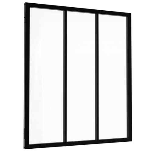 IDMarket - Atelierüberdachung mit 3 Glasscheiben B. 93 x H.108 cm aus schwarzem Metall und gehärtetem Glas