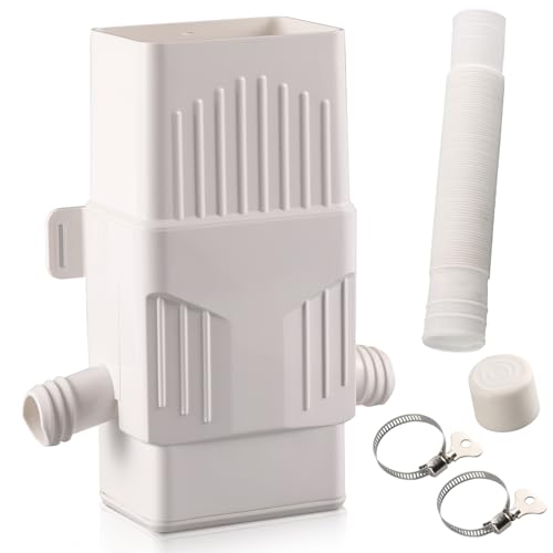 Rainwater Collection System, Rain Barrel Diverter Kit for 2x3”and 3x4” Downspouts, with Filtration and Hose, Rain Diverter, Downspout Diverter, White
