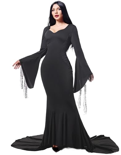 Funna Black Costume Women Dress Halloween Family Cosplay Gothic Witch Maxi Long Dresses Floor Length, Ash Black Medium