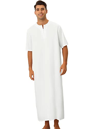 Lars Amadeus White Nightgown For Men's Short Sleeve Zipper Loose Fit Pajamas Sleepwear Nightshirt Small #TOP30