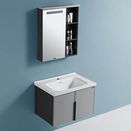 Image of Plantex Aluminum Bathroom Vanity Cabinet Set /LED Light Glass Mirror Cabinet /Ceramic Basin for Bathroom - Wall Mount (Grey)