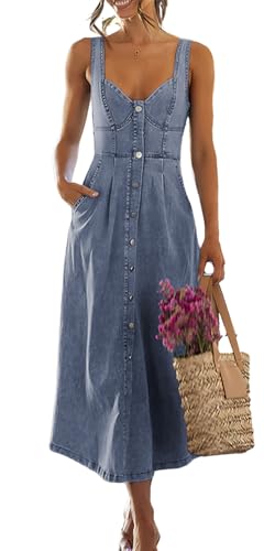ebossy Stretchy Smocked Denim Dress for Women Sleeveless Babydoll Button Down Midi Long Jean Dresses