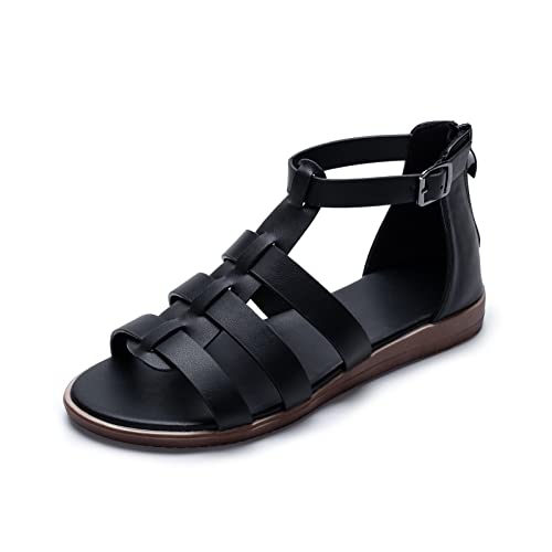 Ophestin Sandalias romanas de gladiador para mujer, sandalias planas con tiras en el tobillo, sandalias de verano, Black, 38.5 EU