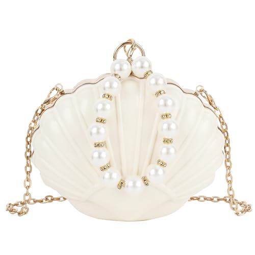 Women Mini Seashell Evening Clutch Pearls Top-Handle Bag Chain Strap Cross-body Bag