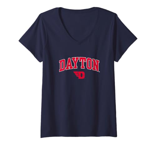 Womens Dayton Flyers Arch Over Logo Officially Licensed Navy V-Neck T-Shirt