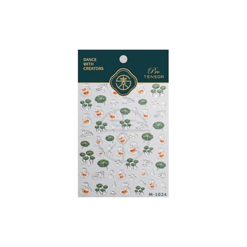 Image of 5D Embossed Goldfish Nail Stickers with Water Droplets Design Self-Adhesive Lotus Leaf Nail Art Decals for Women Manicure Decorations Supply