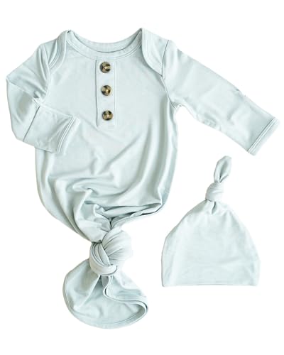 Image of Caden Lane Newborn Knotted Gown with Hat, Soft Bamboo Viscose Baby Sleep Sack, Unisex Infant Nightgown, Breathable Sleepwear