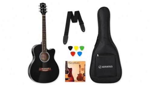 Image of KETOSTICS Acoustic Guitar combo KT-41C,41-inch Cutaway Truss Rod with padded bag,string set,belt and 5 plactrums,rosewood,copper Strings,for Beginners & Intermediate Players Musical Instrument (BLK)