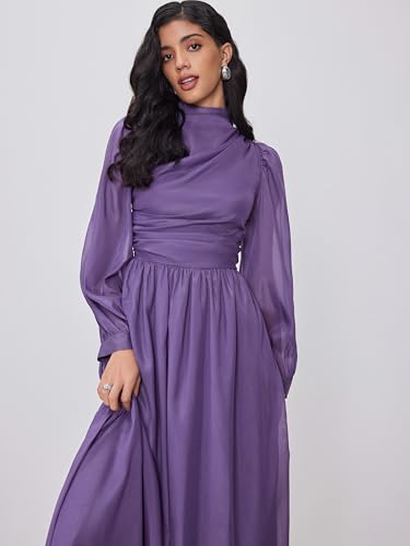 CIDER Long Sleeve Elegant Maxi Ruched Puff Sleeve Mandarin Neckline Formal Women Dress Mid Waist3