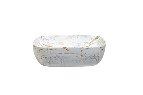 Image of REMOTION Designer Glossy Finish Table Top Ceramic Wash Basin Vessel Sink with Slim Rim |Collapsible Wash Basin | Vessel Sinks For Bathrooms (White-Gold Wash Basin, 18 x 13 x 5.5 Inch)