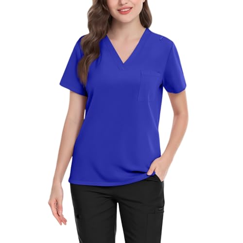Image of FONMA Scrub Tops Women Plus Size Stretchy V-Neck Scrub Shirts with 4 Pockets Breathable Short Sleeve Nurse Uniforms