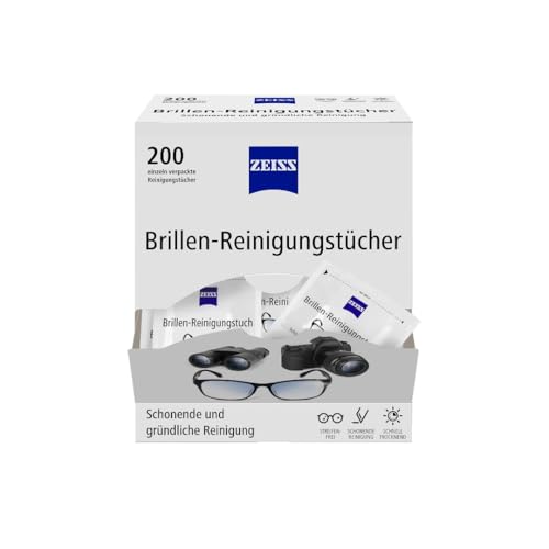 ZEISS Brillen-Reinigungstücher mit Alkohol 200 Stück zur schonenden & gründlichen Reinigung Ihrer Brillengläser - jedes Tuch einzeln verpackt - ideal für unterwegs oder auf Reisen