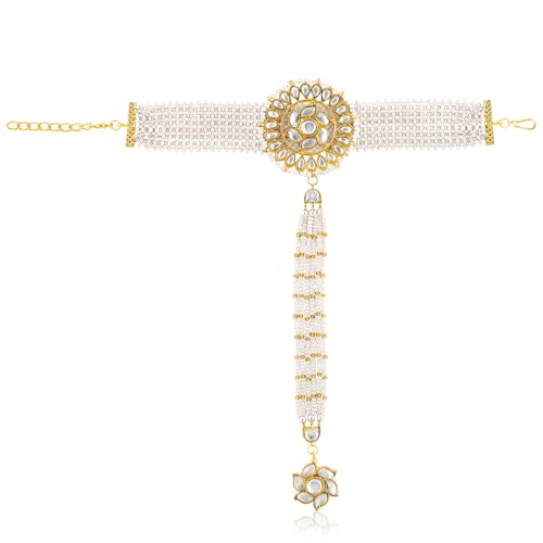 Aheli Kundan y cuentas blancas con tachuelas, Haath, Panja, Haath, Phool, joyería étnica tradicional, regalo para mujer, Talla única, Zinc, Kundan y cuentas