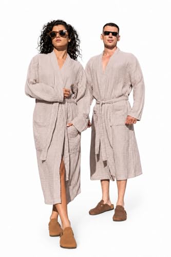 Image of Muslin Unisex Bathrobe Women & Men, 100% Cotton Kimono Lightweight Robe | Long Robes Soft, Absorbent, Spa robes