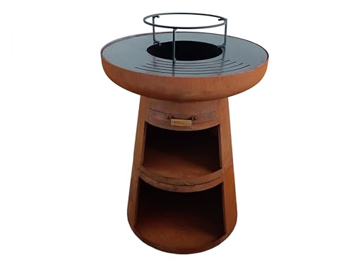 PUR LINE | Barbacoa de acero corten Purline EFP55R con parrilla de acero inoxidable y función brasero – Barbacoa Diámetro 60 cm, incluye funda impermeable, cajón cenicero y espacio inferior para leña