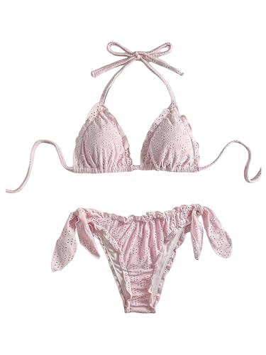 Maillot de bain 2 pièces rose à oeillets et dos nu pour femme en taille L