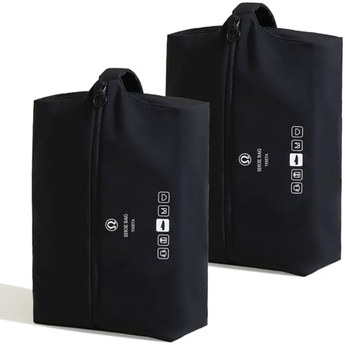 tianzong 2 Pack Double-Layer Fabric Wide-Opening Waterproof Travel Shoe Bag with Comfortable Handle (Black)