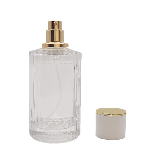 Glass Spray Bottles for Perfume,3.4oz Empty Clear Vertical Stripes Round Fine Mist Spray Container 100ml,2PCS (Clear+White)4