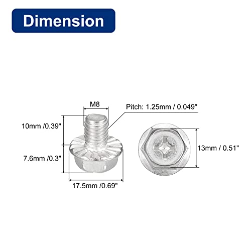 Image of uxcell M8x10mm Phillips Hex Head Flange Bolts, 5pcs 304 Stainless Steel Hexagon Phillips Flange Head Hex Bolts Machine Screws