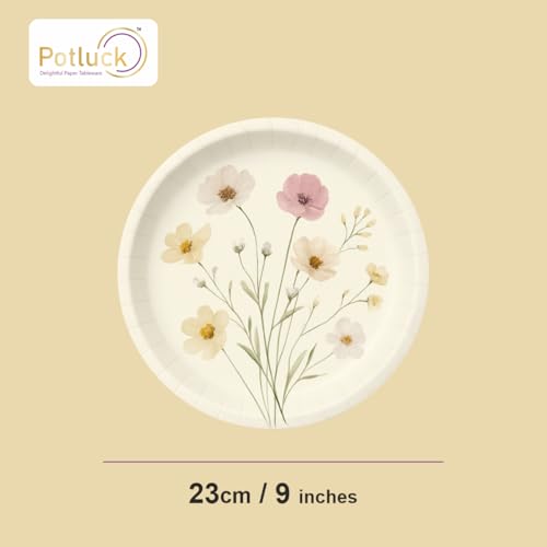 Image of Potluck Exotic Floral Disposable Paper Plates, 9 Inch Food Grade Tableware for Parties, Events, Snacks & Meal Serving Pack