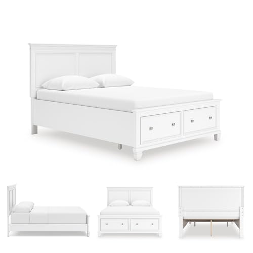 Image of Signature Design by Ashley Fortman Queen Panel Storage Bed with Drawers | White farmhouse aesthetic with deep footboard drawers, Hardwood solids and MDF substrate, Laminated LVL roll slats