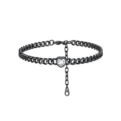 ChainsHouse Cuban Chain Anklets for Women,Stainless Steel Black 6mm Link Chain Ankle Bracelet with Heart Birthstone Jan - Dec 12 Months, 22cm-27cm Adjustable, with Gift Box 04. Apr.-Clear Cr