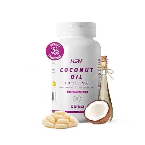 HSN Aceite de Coco 1000mg | 30 Perlas | 100% Natural procedente del fruto de Cocos nucifera | Fuente de MCT (Ácidos Grasos de Cadena Media) | No-GMO, Vegano, Sin Gluten