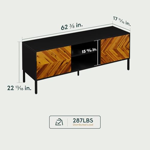 Image of Bme Vivian TV Stand, 59 Inch Media Console Table with Herringbone Pattern Doors, Solid Wood & Metal Frame, Rustic Golden Brown - Retro-Inspired Modern TV Console for Living Room, Entertainment Center