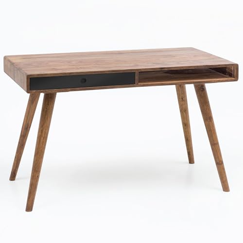 Wohnling Schreibtisch REPA schwarz 120 x 60 x 75 cm Massiv Holz Laptoptisch Sheesham Natur, Landhaus-Stil Arbeitstisch mit 1 Schublade, Bürotisch PC-Tisch