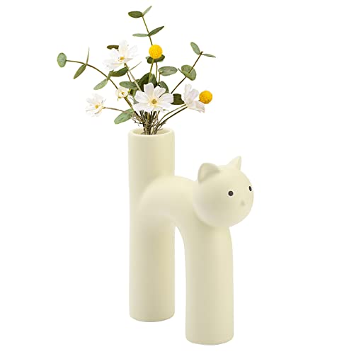 BestAlice Süße Katze Keramik Vase, Handgemachte Blumenvase für Dekor, Einzigartige Röhre Form Vasen U Getrocknete Blume, Kunst Handwerk Mittelstück (Weiß)