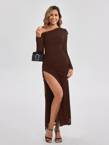 EYNMIN Fall Wedding Guest Dresses for Women One Shoulder Long Sleeve Slit Drawstring Mesh Ruched Bodycon Maxi Dress2