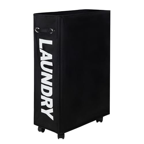 Caroeas Panier à Linge 55L avec Roulettes, Pliable et Étroit, Grande Capacité, Bac de Rangement sur Roues pour Petit Espace，Noir