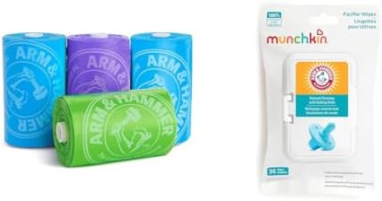 Munchkin® Arm & Hammer Diaper Bag Refills, 4 Pack, 48 Bags & Arm & Hammer Pacifier Wipes - Safely Cleans Baby and Toddler Essentials, 1 Pack, 36 Wipes