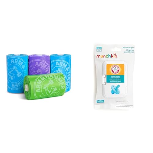 Munchkin® Arm & Hammer Diaper Bag Refills, 4 Pack, 48 Bags & Arm & Hammer Pacifier Wipes - Safely Cleans Baby and Toddler Essentials, 1 Pack, 36 Wipes