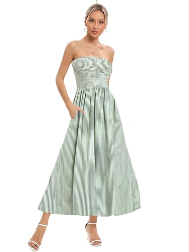 Image of Aigeman Women Strapless Tube Maxi Dress Flowy Swing Long Beach Sundress Sleeveless Boho Summer Dress with Pokets 330