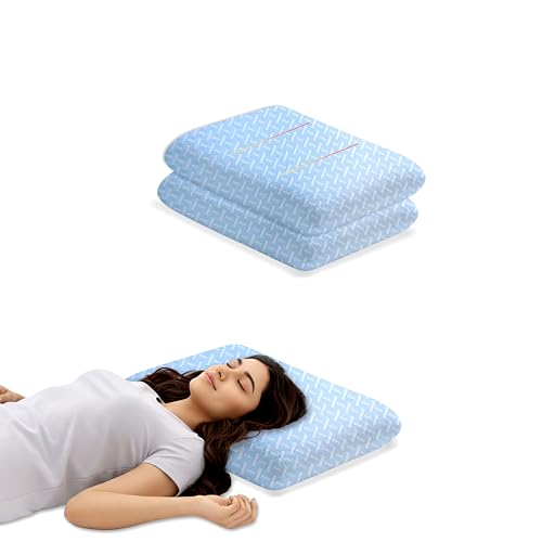 Image of Ergonomic Contour Pillow Set of 2, Light Blue Memory Foam for Neck and Shoulder Relief, Breathable Jacquard Cover with Zipper, Orthopedic Bedding for Back,50x30x6 cm