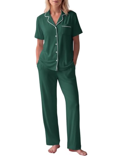 Image of HNG Women Pajamas Set 2 Piece Button Up Pajamas Pant and Short Sleeve Shirt for Woman Pj Sets with Pocket