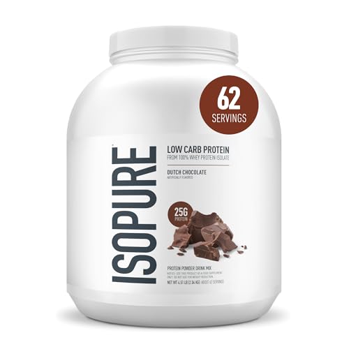 Isopure Low Carb 100% Pure Whey Isolate Protein Powder, Gluten Free, With Vitamins, Dutch Chocolate, 25g Protein Per Serving, 4.5 Lbs, 62 Servings (Packaging May Vary)