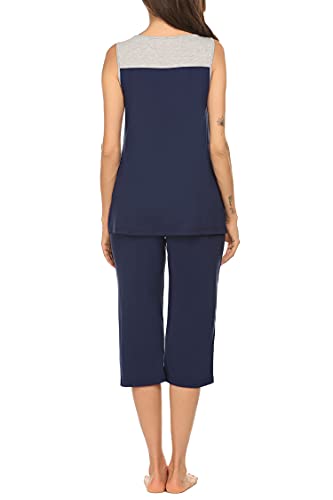 Image of Ekouaer Capri Pajama Sets for Women 2 Piece Soft Cute Pjs Round Neck Sleeveless Lounge Set for Summer Sleepwear S-XXXL