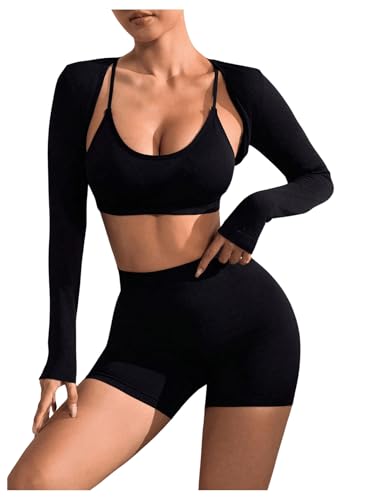 SOLY HUX Workout Sets for Women 3 Piece Outfits Seamless Sports Bra and High Waisted Shorts with Bolero Crop Top